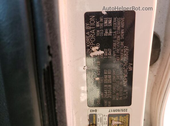 KNDPM3AC7H7168797 2017 KIA SPORTAGE White Панорамний вид салону 360°