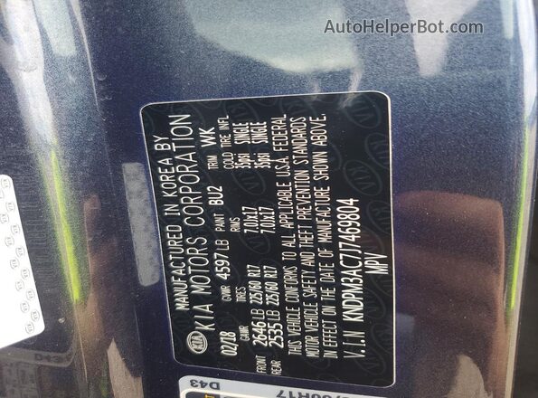 KNDPM3AC7J7469804 2018 KIA SPORTAGE Blue VIN კოდის სტიკერის ხედი