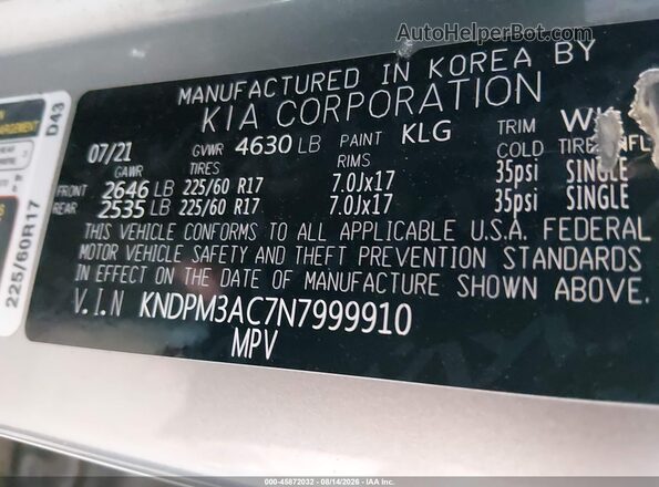 KNDPM3AC7N7999910 2022 KIA SPORTAGE Silver Շարժիչի բաժամունքի տեսք