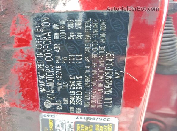 KNDPM3AC8H7034199 2017 KIA SPORTAGE Burgundy Vista de la etiqueta del VIN