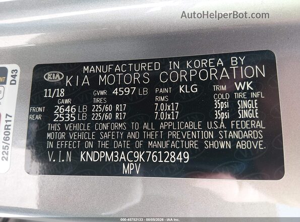 KNDPM3AC9K7612849 2019 KIA SPORTAGE Silver Widok komory silnika