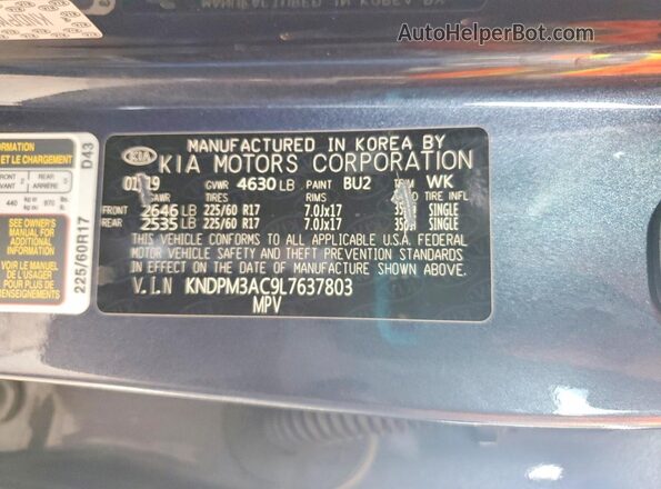 KNDPM3AC9L7637803 2020 KIA SPORTAGE Blue Вид наклейки з VIN-кодом