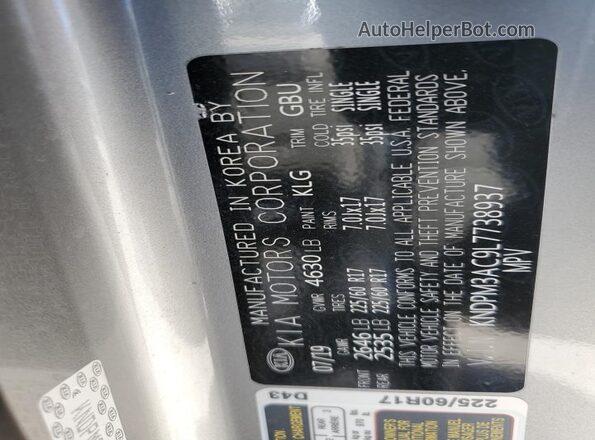 KNDPM3AC9L7738937 2020 KIA SPORTAGE Gray VIN კოდის სტიკერის ხედი
