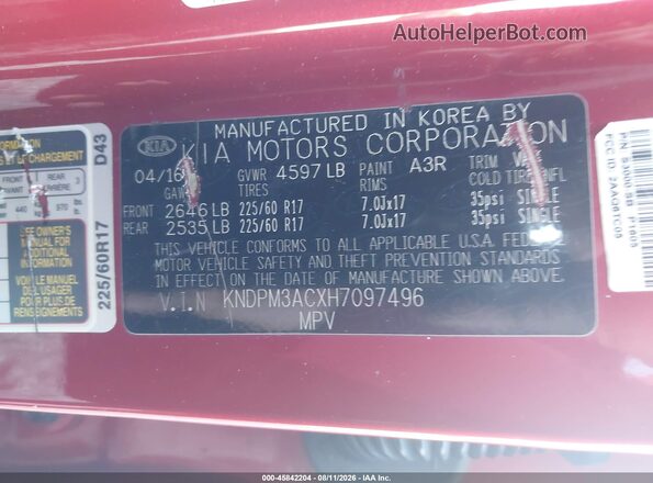 KNDPM3ACXH7097496 2017 KIA SPORTAGE Red Вид підкапотного простору