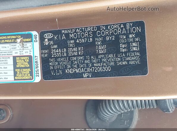 KNDPM3ACXH7206300 2017 KIA SPORTAGE Желто-коричневый Вид подкапотного пространства