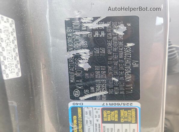 KNDPM3ACXH7210654 2017 KIA SPORTAGE Gray Widok naklejki z numerem VIN
