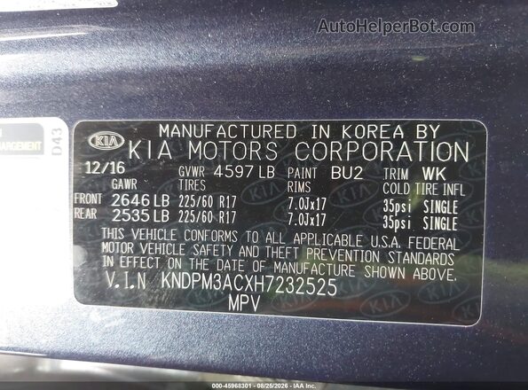KNDPM3ACXH7232525 2017 KIA SPORTAGE Gray Вид підкапотного простору