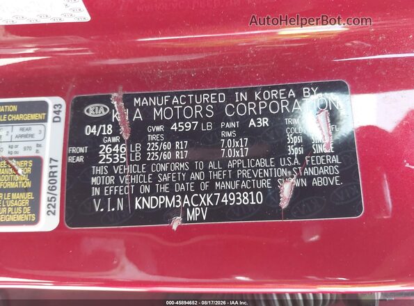 KNDPM3ACXK7493810 2019 KIA SPORTAGE Red Vista del compartimento del motor