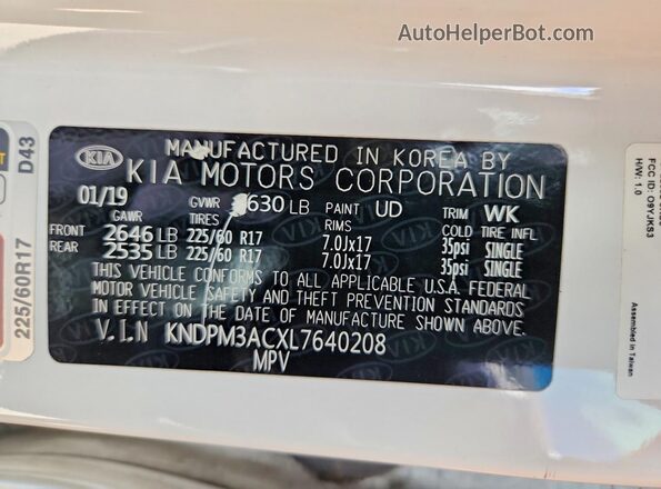 KNDPM3ACXL7640208 2020 KIA SPORTAGE White Widok wnętrza 360 stopni