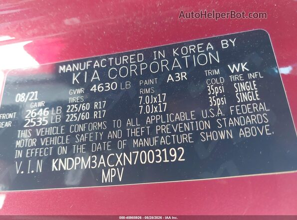 KNDPM3ACXN7003192 2022 KIA SPORTAGE Red Շարժիչի բաժամունքի տեսք