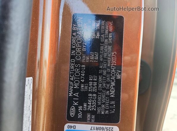 KNDPMCAC0H7191175 2017 KIA SPORTAGE Gold Widok naklejki z numerem VIN