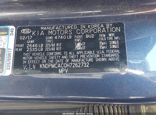KNDPMCAC0H7262732 2017 KIA SPORTAGE Blue Շարժիչի բաժամունքի տեսք