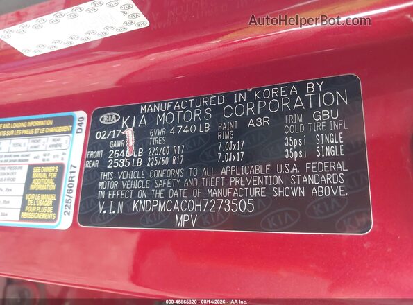 KNDPMCAC0H7273505 2017 KIA SPORTAGE Red Вид підкапотного простору