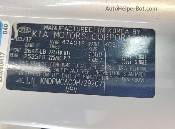 KNDPMCAC0H7292071 2017 KIA SPORTAGE Gray Вид наклейки з VIN-кодом