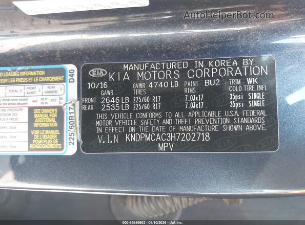 KNDPMCAC3H7202718 2017 KIA SPORTAGE Blue ძრავის განყოფილების ხედი