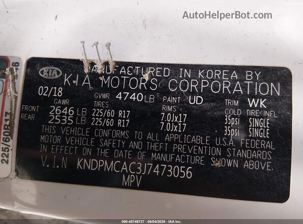 KNDPMCAC3J7473056 2018 KIA SPORTAGE White Vista del compartimento del motor