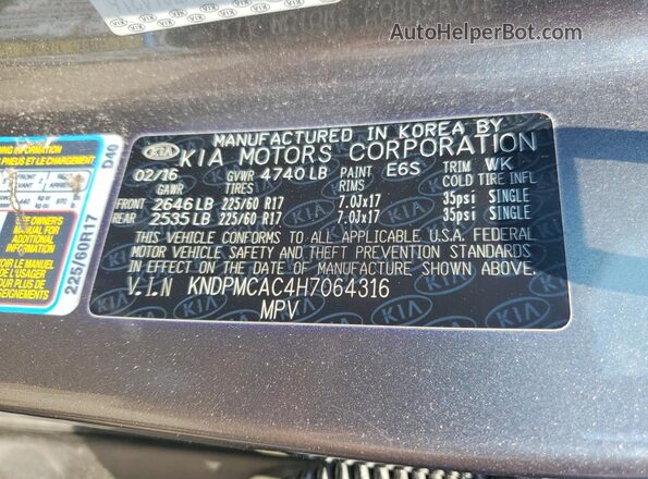 KNDPMCAC4H7064316 2017 KIA SPORTAGE Серый Вид наклейки с VIN-кодом