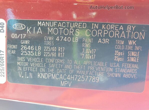 KNDPMCAC4H7257789 2017 KIA SPORTAGE Red VIN կոդի պիտակի տեսք