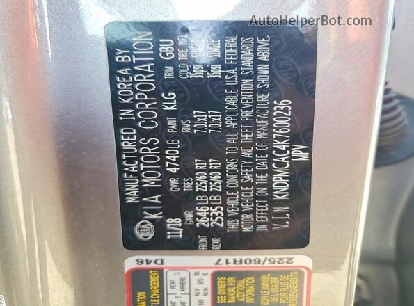 KNDPMCAC4K7600236 2019 KIA SPORTAGE Silver Vista de la etiqueta del VIN