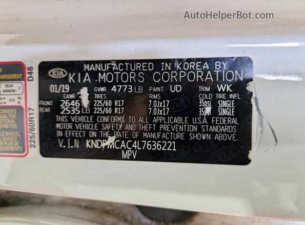 KNDPMCAC4L7636221 2020 KIA SPORTAGE White VIN sticker view