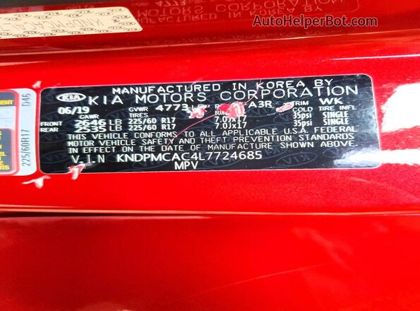 KNDPMCAC4L7724685 2020 KIA SPORTAGE Maroon VIN sticker view