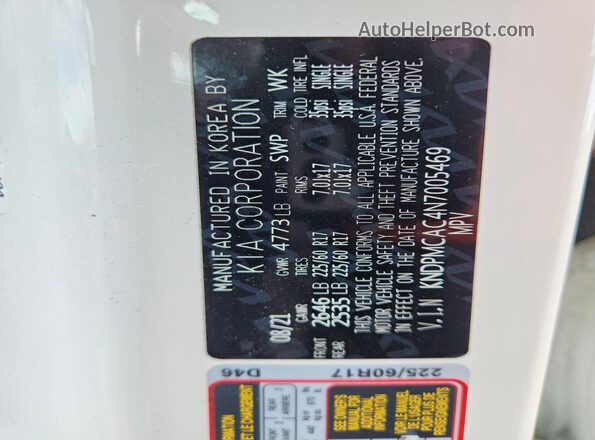 KNDPMCAC4N7005469 2022 KIA SPORTAGE White VIN sticker view
