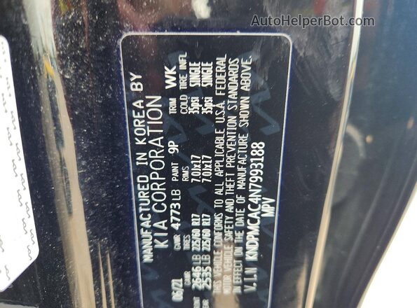 KNDPMCAC4N7993188 2022 KIA SPORTAGE Black VIN კოდის სტიკერის ხედი