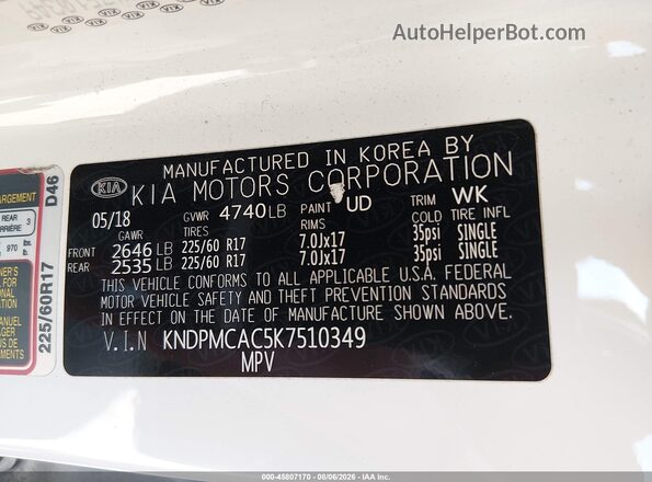 KNDPMCAC5K7510349 2019 KIA SPORTAGE White Engine compartment view