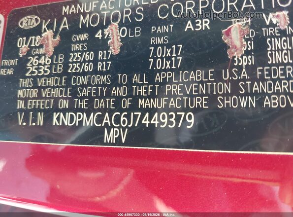 KNDPMCAC6J7449379 2018 KIA SPORTAGE Red ძრავის განყოფილების ხედი