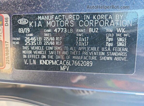 KNDPMCAC6L7662089 2020 KIA SPORTAGE Blue VIN կոդի պիտակի տեսք