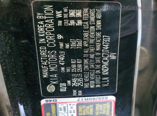KNDPMCAC7J7447317 2018 KIA SPORTAGE Black Widok naklejki z numerem VIN