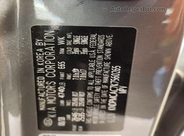 KNDPMCAC7K7560265 2019 KIA SPORTAGE Gray VIN sticker view