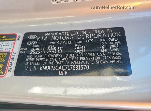 KNDPMCAC7L7831570 2020 KIA SPORTAGE Silver VIN კოდის სტიკერის ხედი