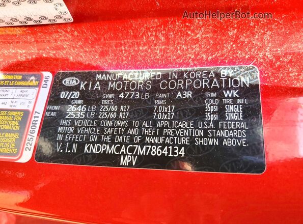 KNDPMCAC7M7864134 2021 KIA SPORTAGE Red VIN sticker view