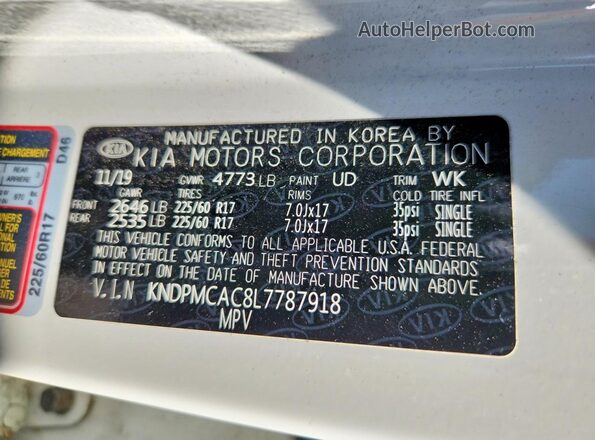 KNDPMCAC8L7787918 2020 KIA SPORTAGE White Vista de la etiqueta del VIN