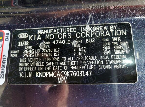 KNDPMCAC9K7603147 2019 KIA SPORTAGE Синий Вид наклейки с VIN-кодом