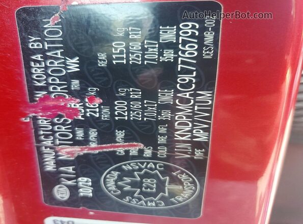 KNDPMCAC9L7766799 2020 KIA SPORTAGE Burgundy Widok naklejki z numerem VIN