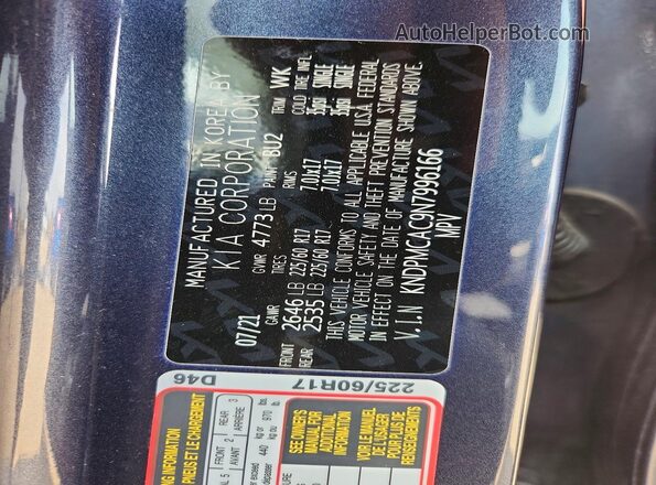 KNDPMCAC9N7996166 2022 KIA SPORTAGE Blue Вид наклейки з VIN-кодом