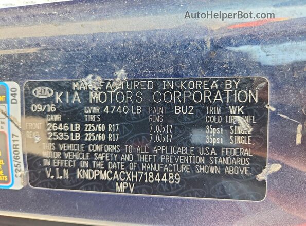 KNDPMCACXH7184489 2017 KIA SPORTAGE Blue VIN sticker view