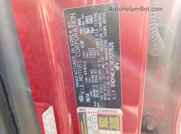 KNDPMCACXK7577626 2019 KIA SPORTAGE Красный Вид наклейки с VIN-кодом
