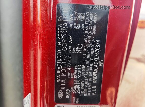 KNDPMCACXL7670874 2020 KIA SPORTAGE Red Вид наклейки з VIN-кодом