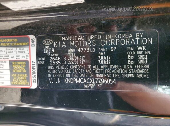 KNDPMCACXL7796054 2020 KIA SPORTAGE Black VIN կոդի պիտակի տեսք