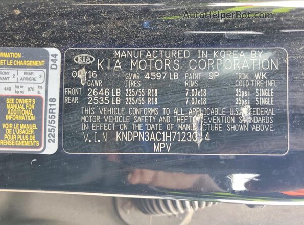 KNDPN3AC1H7123044 2017 KIA SPORTAGE Black Вид наклейки з VIN-кодом