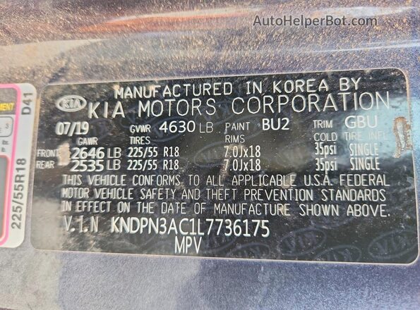 KNDPN3AC1L7736175 2020 KIA SPORTAGE Blue VIN sticker view