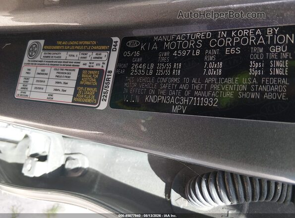 KNDPN3AC3H7111932 2017 KIA SPORTAGE Gray ძრავის განყოფილების ხედი