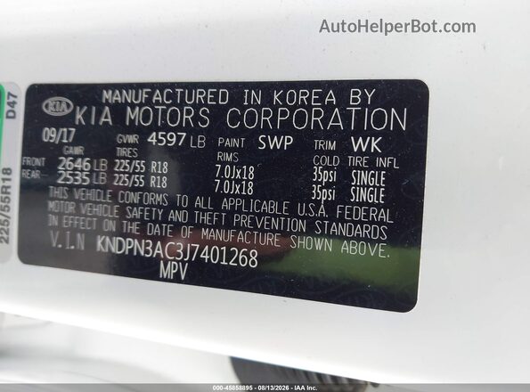 KNDPN3AC3J7401268 2018 KIA SPORTAGE Белый Вид подкапотного пространства