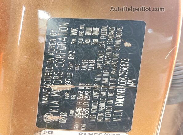 KNDPN3AC6K7556673 2019 KIA SPORTAGE Оранжевый Вид наклейки с VIN-кодом