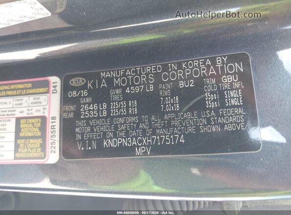 KNDPN3ACXH7175174 2017 KIA SPORTAGE Gray Widok komory silnika