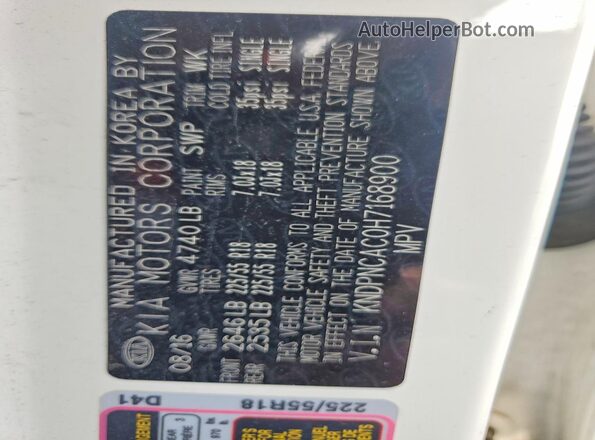 KNDPNCAC0H7168900 2017 KIA SPORTAGE White VIN sticker view