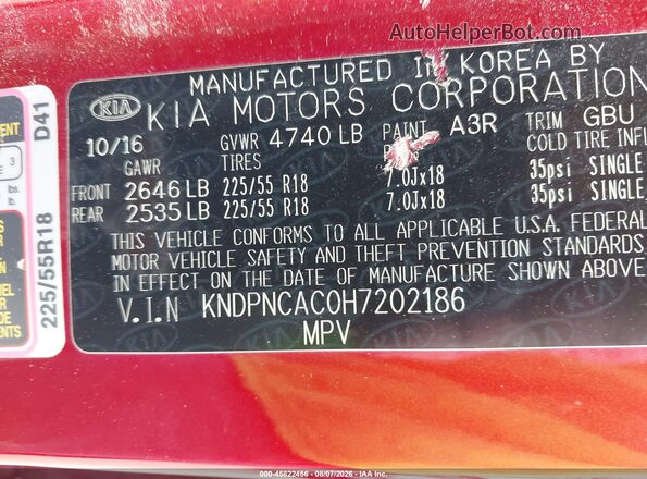KNDPNCAC0H7202186 2017 KIA SPORTAGE Red Widok komory silnika